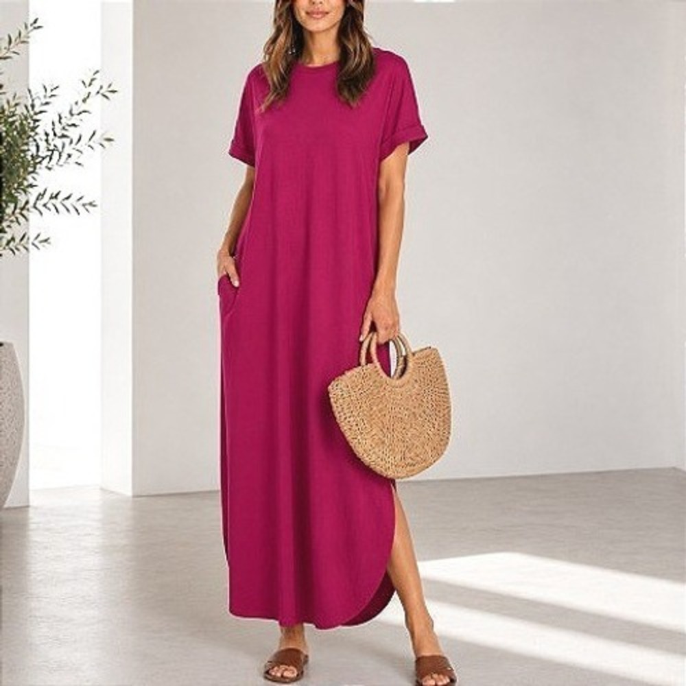ANRABESS Magenta T-Shirt Loose Summer Beachy Maxi Dress Short Sleeve V-Neck L